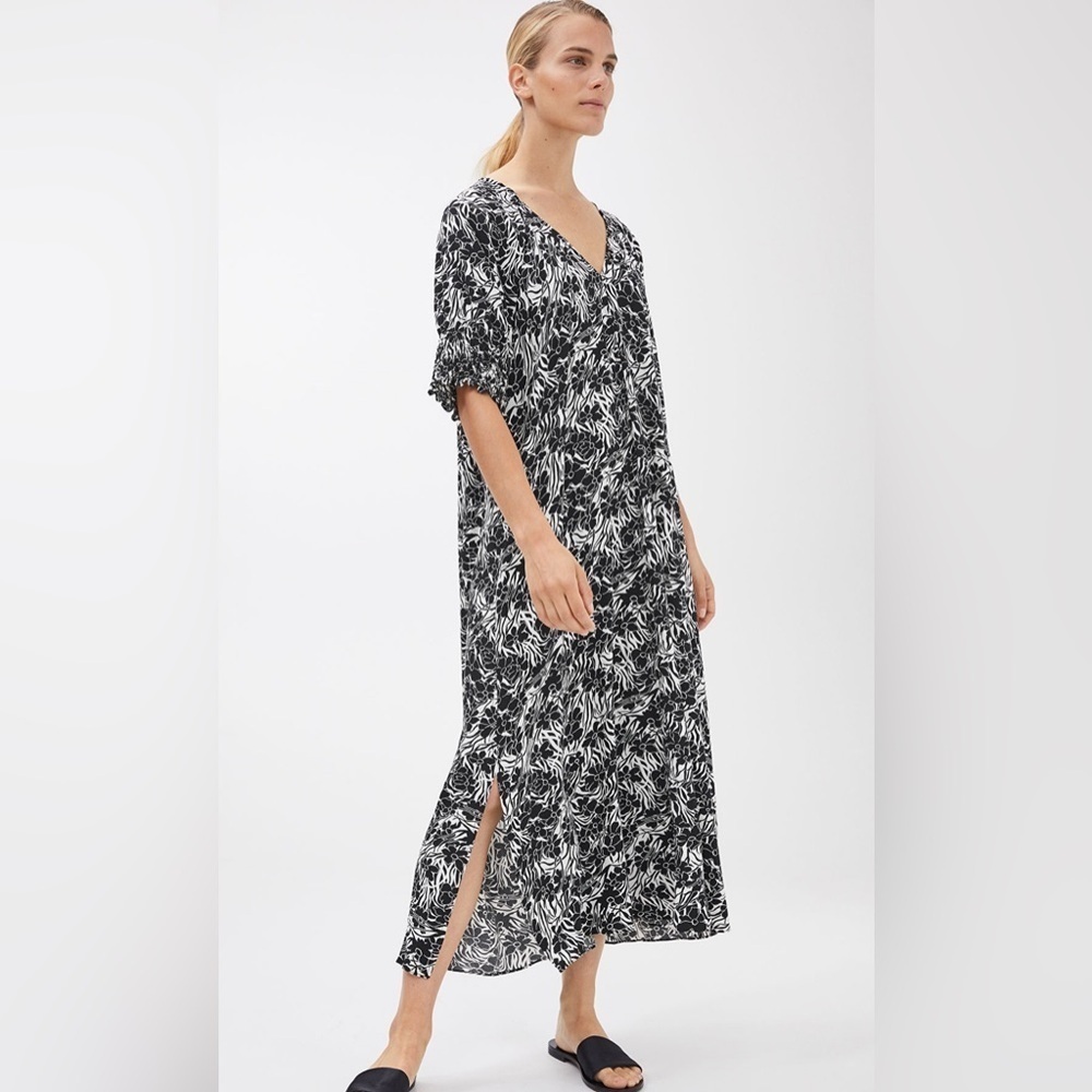 Arket Viscose Black & White Floral Print V-Neck Puff Sleeve Maxi Dress Size 6